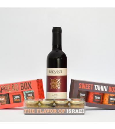 Taste of Israel Purim Gift Box with Recanti Wine Sweet Tahini Box Spread Box and Quartet