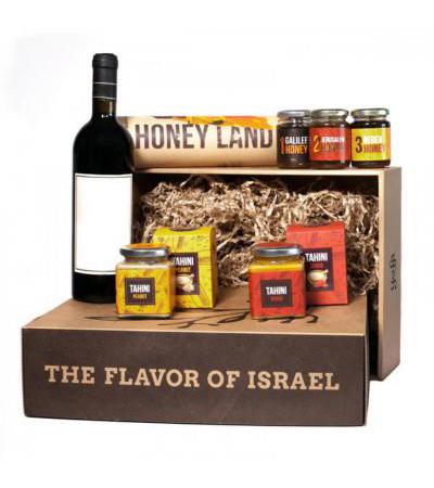 Taste of Israel Gift Box with Honey Land Box Peanut Tahini Skhug Tahini and Red Wine